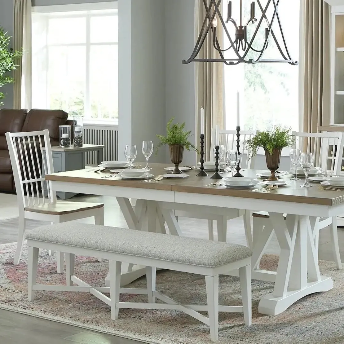 Mor Furniture Americana Trestle Dining Table & 4 Chairs & Bench In Cotton