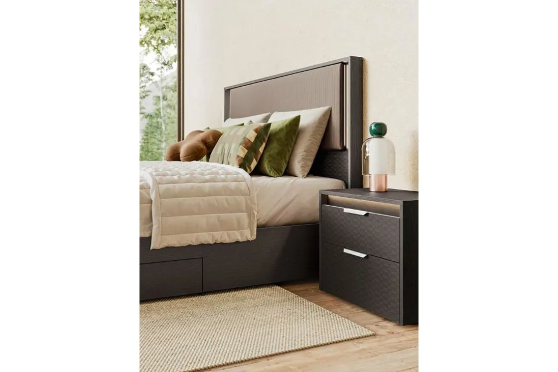 Mor Furniture Amy Upholstered Panel Bed W/ Storage In Dark Oak, Queen