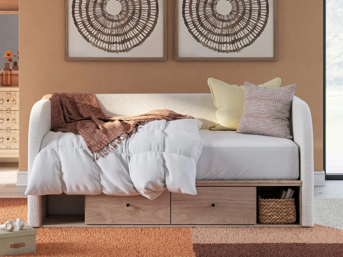 Mor Furniture Arloster Upholstered Daybed W/ Storage Trundle In Tan/White, Twin