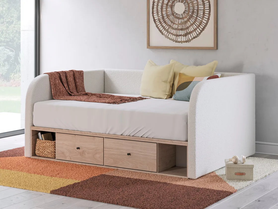 Mor Furniture Arloster Upholstered Daybed W/ Storage Trundle In Tan/White, Twin