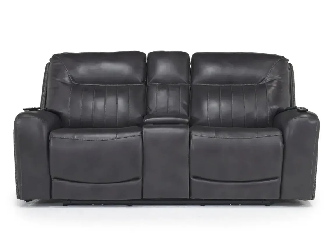 Mor Furniture Banks 3 Power Console Loveseat In Chesapeake Charcoal Leather