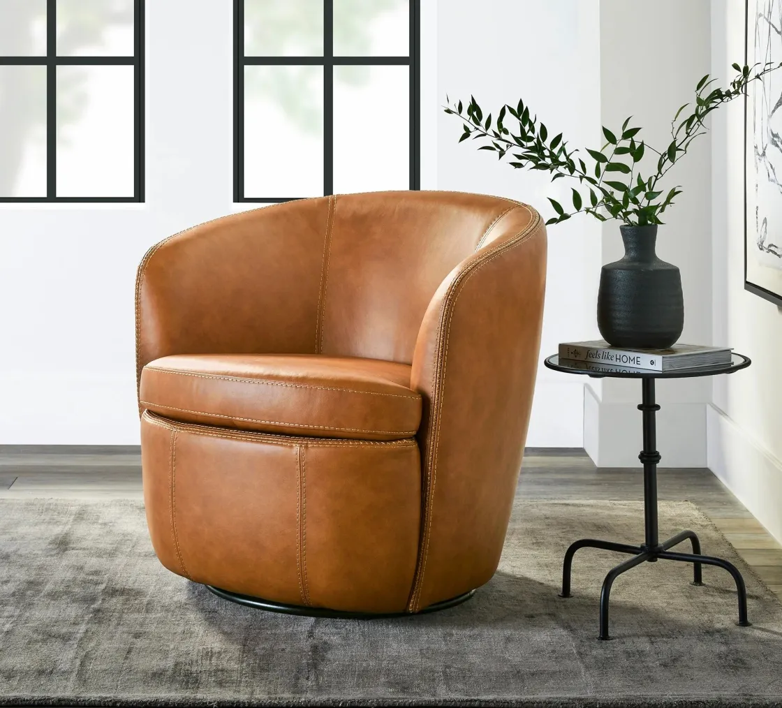 Mor Furniture Barolo Leather Swivel Club Chair In Caramel