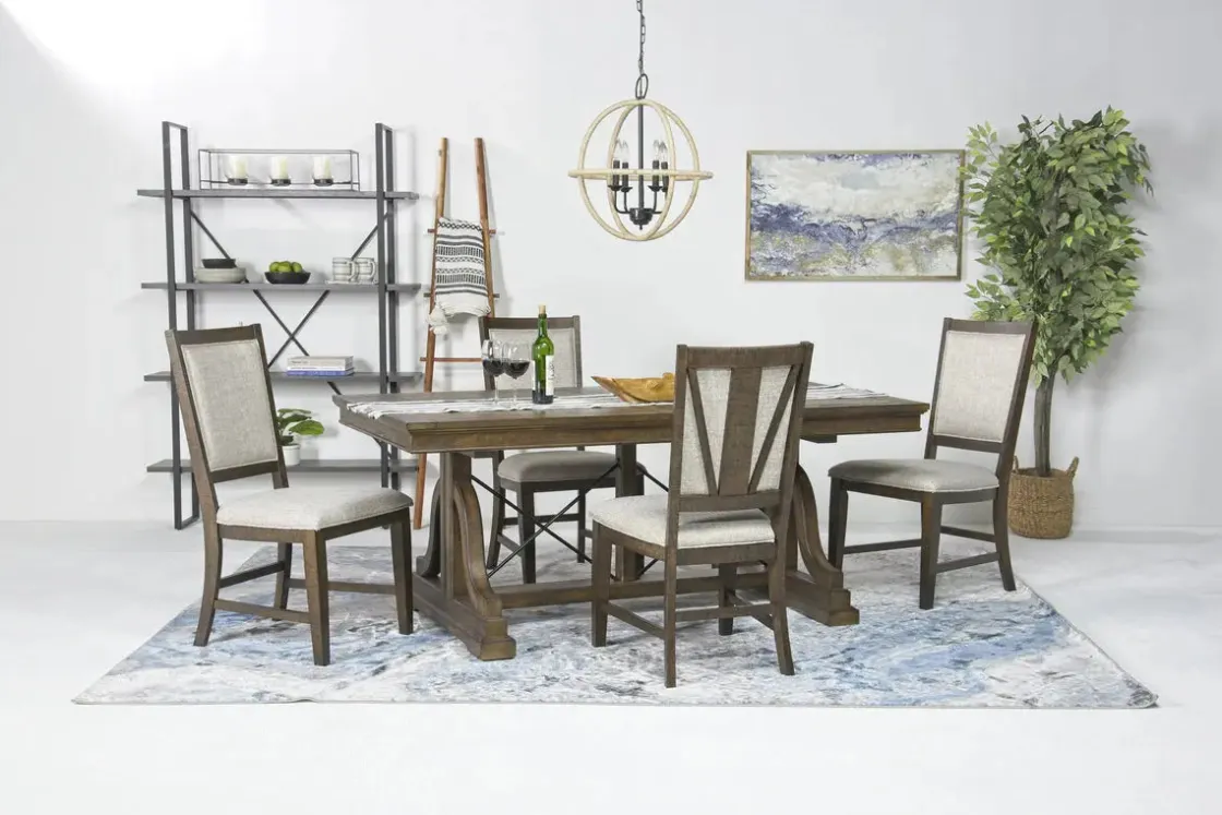 Mor Furniture Bay Creek Extendable Dining Table & 4 Upholstered V-Back Chairs In Toasted Nutmeg