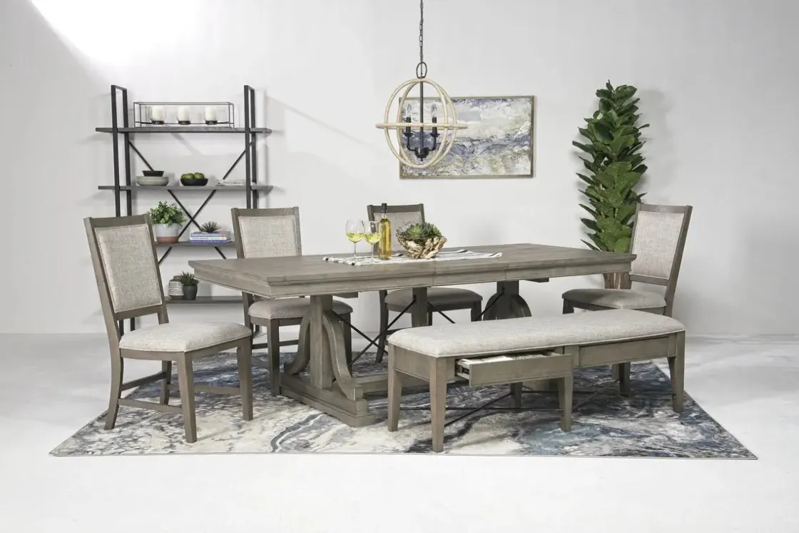 Mor Furniture Bay Creek Extendable Dining Table, 4 V-Back Chairs & High Back Bench In Graphite