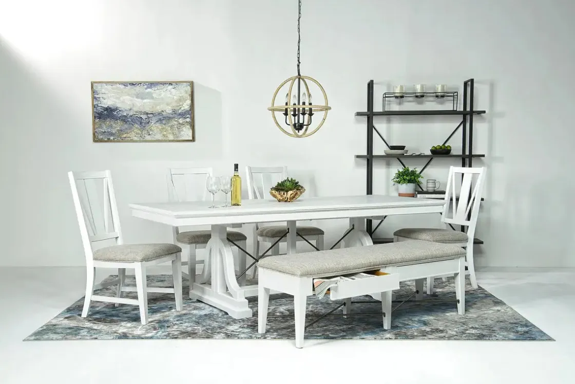 Mor Furniture Bay Creek Extendable Dining Table, 4 V-Back Chairs & High Back Bench In Graphite