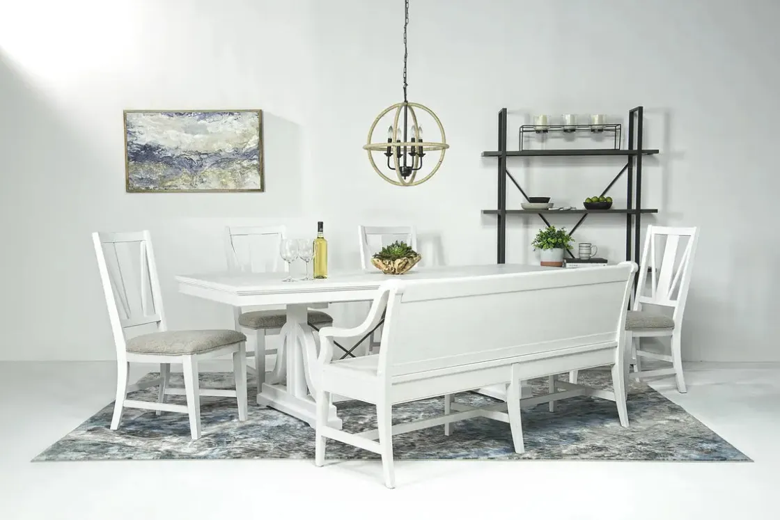 Mor Furniture Bay Creek Extendable Dining Table, 4 V-Back Chairs & High Back Bench In Graphite