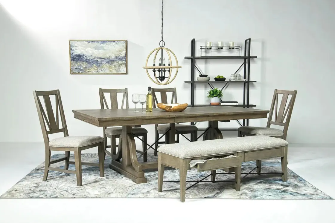 Mor Furniture Bay Creek Extendable Dining Table, 4 V-Back Chairs & High Back Bench In Graphite