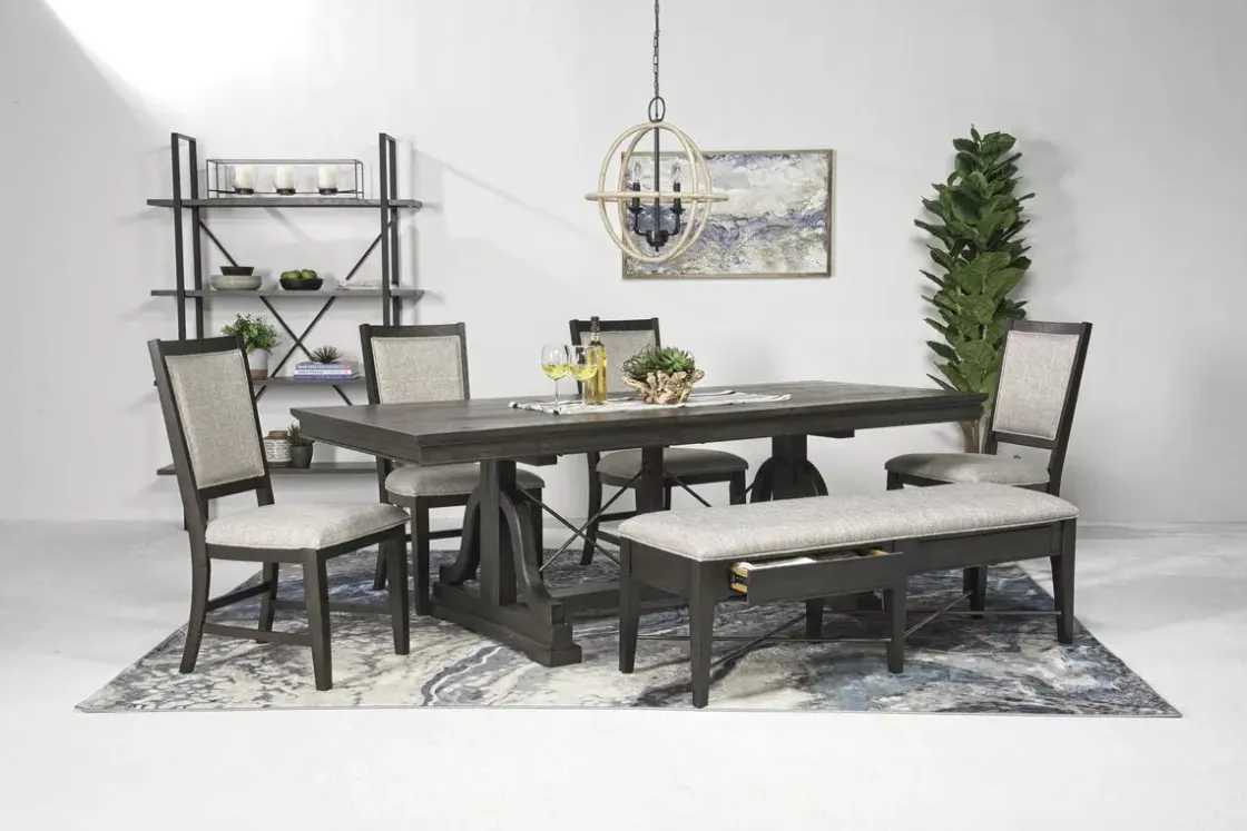 Mor Furniture Bay Creek Extendable Dining Table, 4 V-Back Chairs & High Back Bench In Graphite