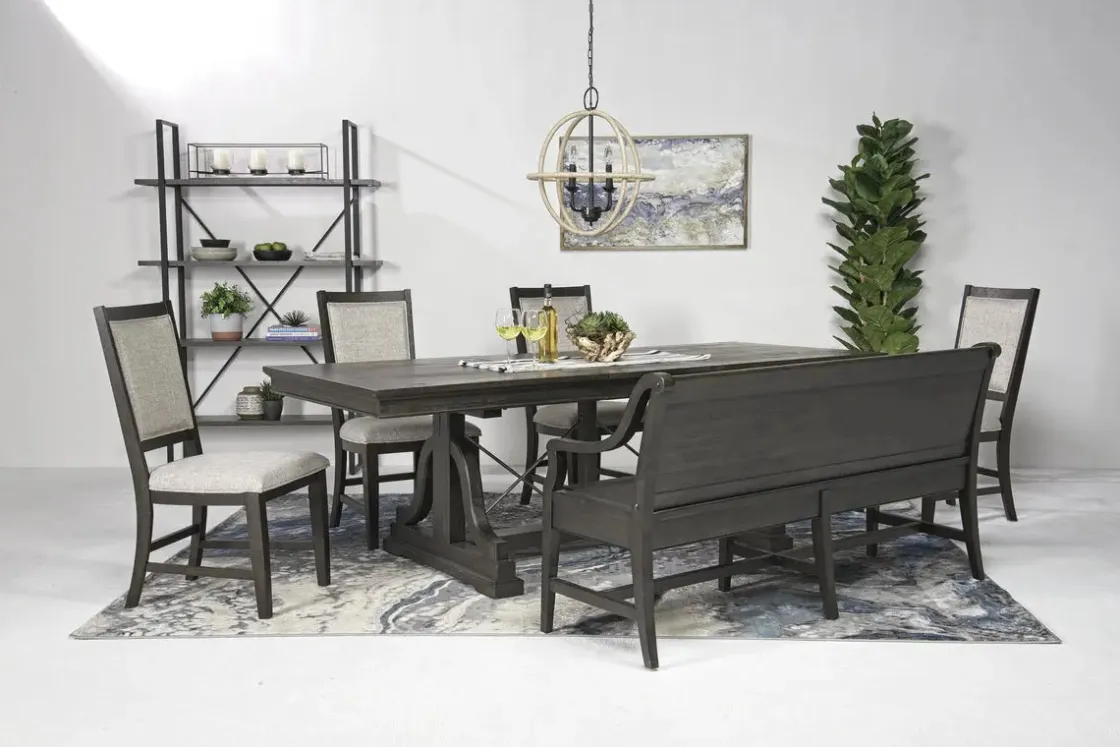 Mor Furniture Bay Creek Extendable Dining Table, 4 V-Back Chairs & High Back Bench In Graphite
