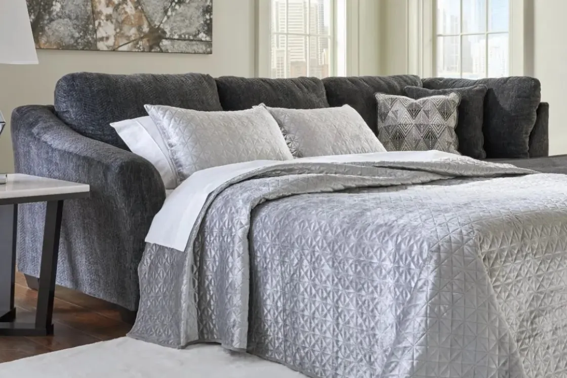 Mor Furniture Biddeford Full Pullout Sofa Chaise In Shadow, Left Facing