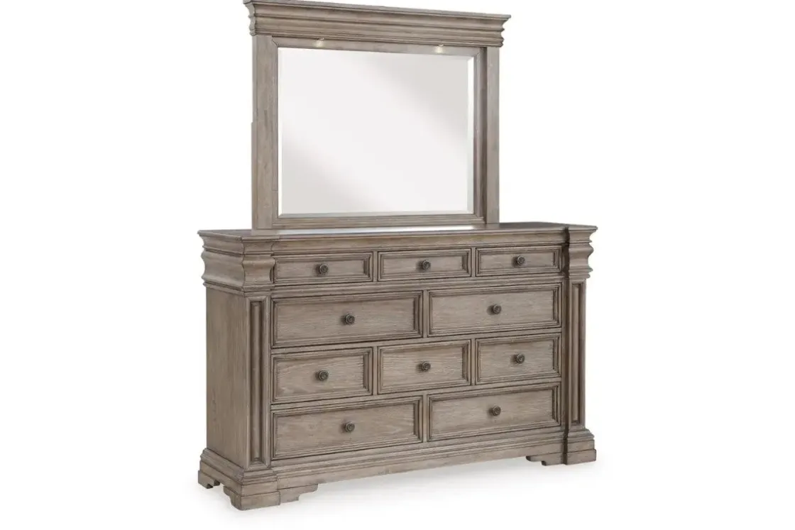 Mor Furniture Blairhurst Panel Bed, Dresser, Mirror & Nightstand In Light Grayish Brown, Queen