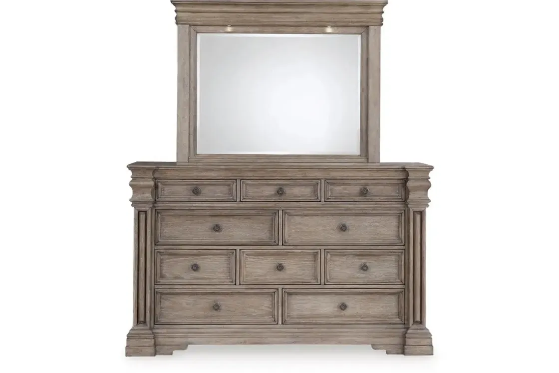 Mor Furniture Blairhurst Panel Bed, Dresser, Mirror & Nightstand In Light Grayish Brown, Queen