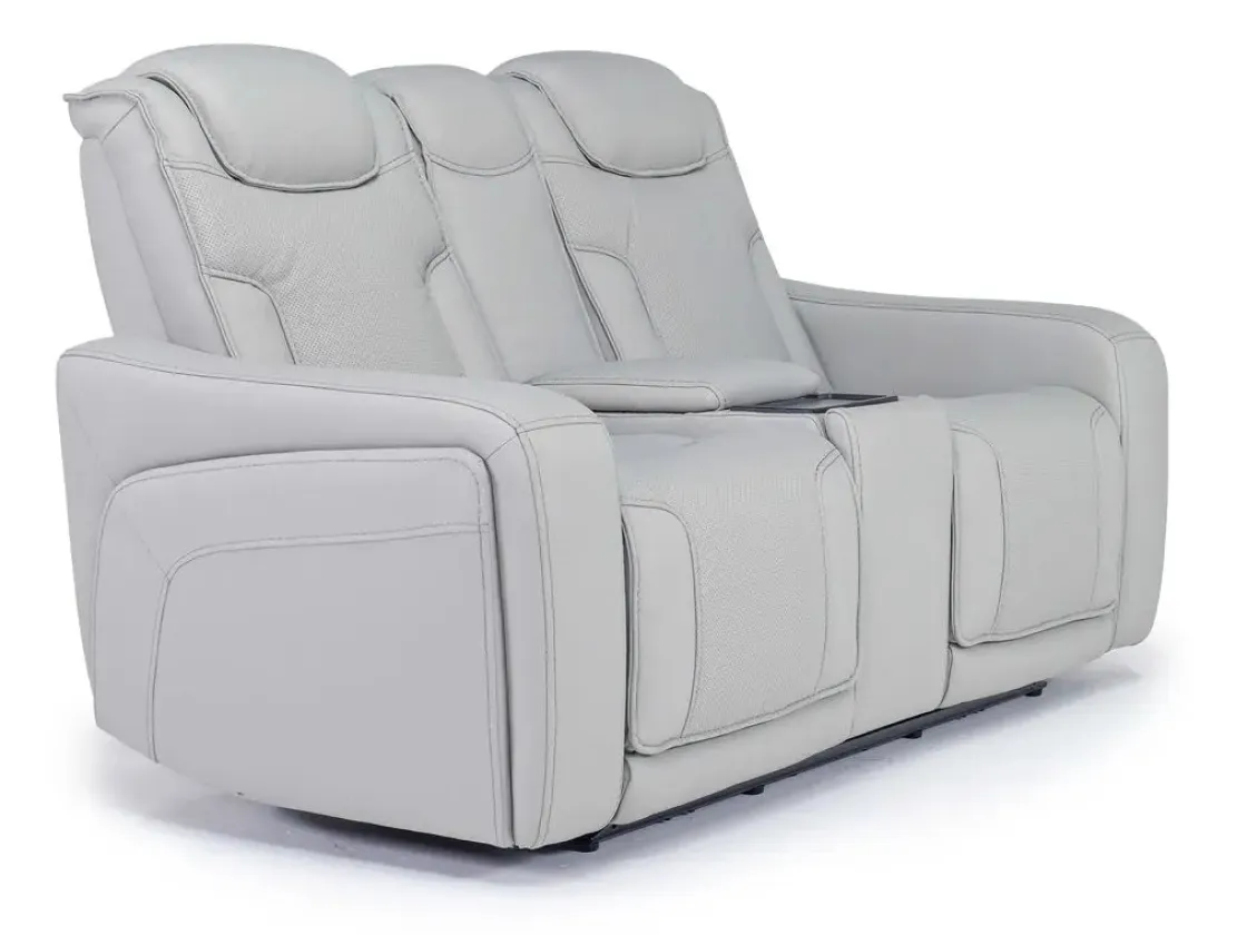 Mor Furniture Bowden 2 Power Console Loveseat W/ Cooler In Blanca Light Gray Leather