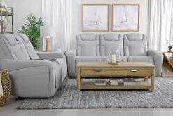 Mor Furniture Bowden 2 Power Console Loveseat W/ Cooler In Blanca Light Gray Leather