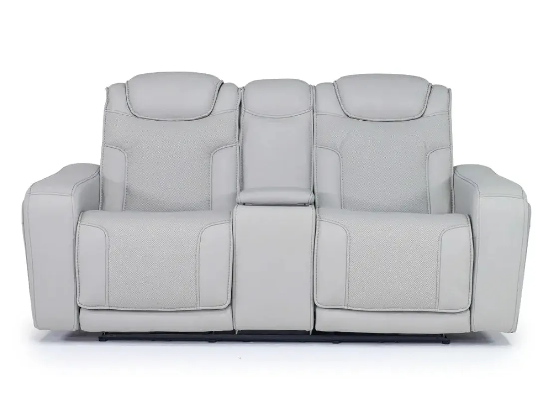 Mor Furniture Bowden 2 Power Console Loveseat W/ Cooler In Blanca Light Gray Leather