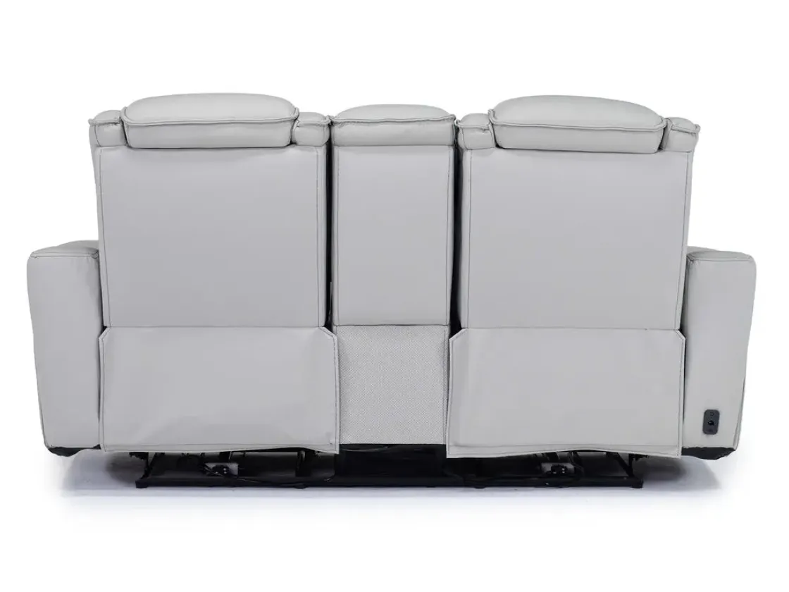 Mor Furniture Bowden 2 Power Console Loveseat W/ Cooler In Blanca Light Gray Leather