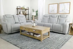 Mor Furniture Bowden 2 Power Sofa W/ Drop Down Table In Blanca Light Gray Leather