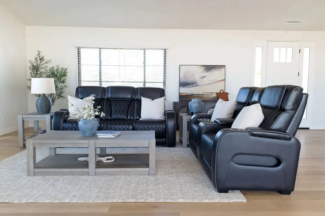 Mor Furniture Boyington 2 Power Sofa W/ Drop Down Table In Black Leather