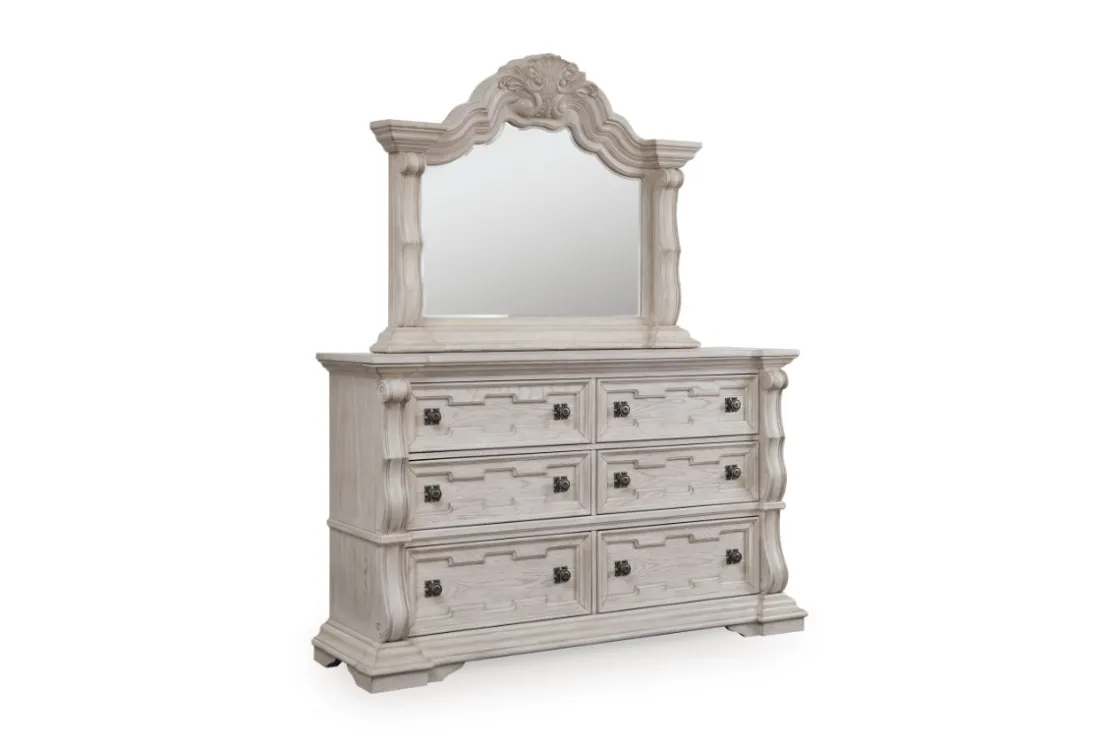 Mor Furniture Bruchandi Upholstered Panel Bed, Dresser, Mirror & Nightstand In Antique White, Queen