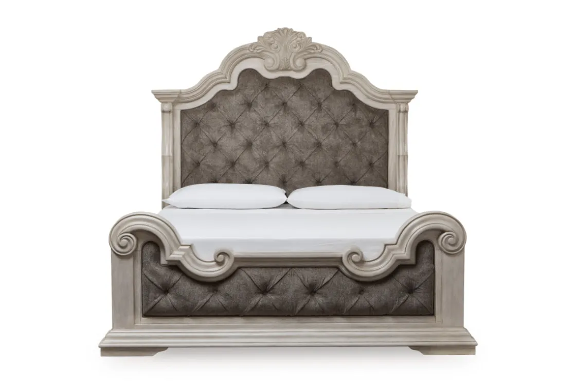 Mor Furniture Bruchandi Upholstered Panel Bed, Dresser, Mirror & Nightstand In Antique White, Queen