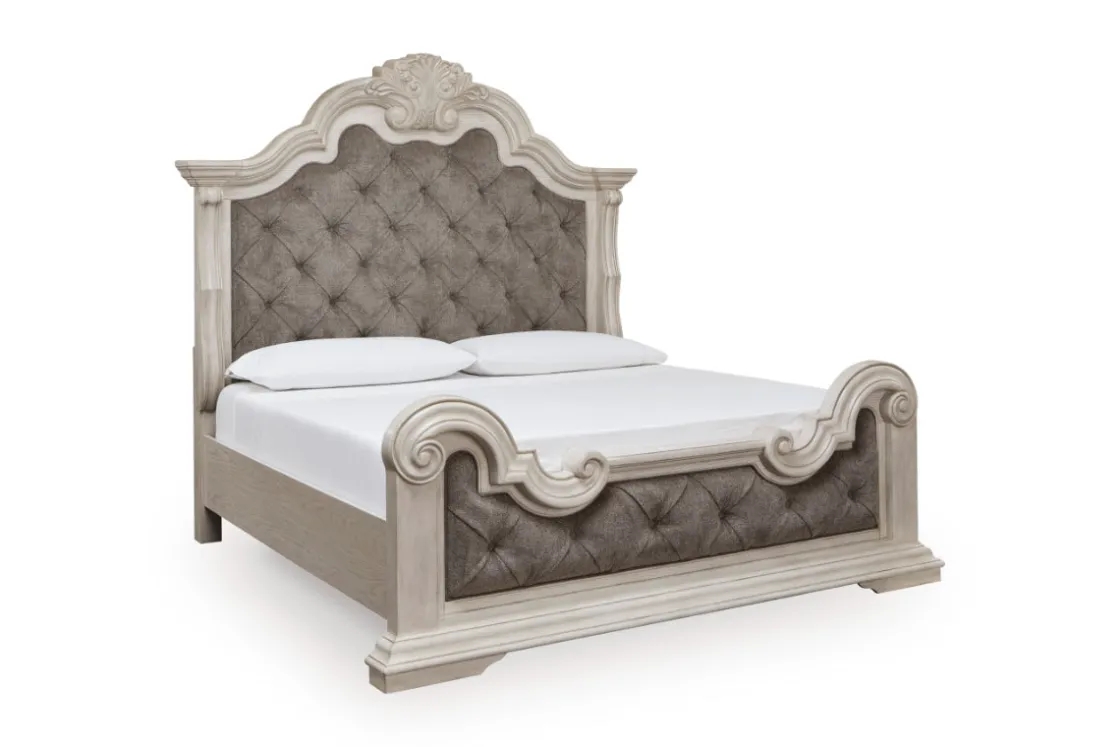 Mor Furniture Bruchandi Upholstered Panel Bed, Dresser, Mirror & Nightstand In Antique White, Queen