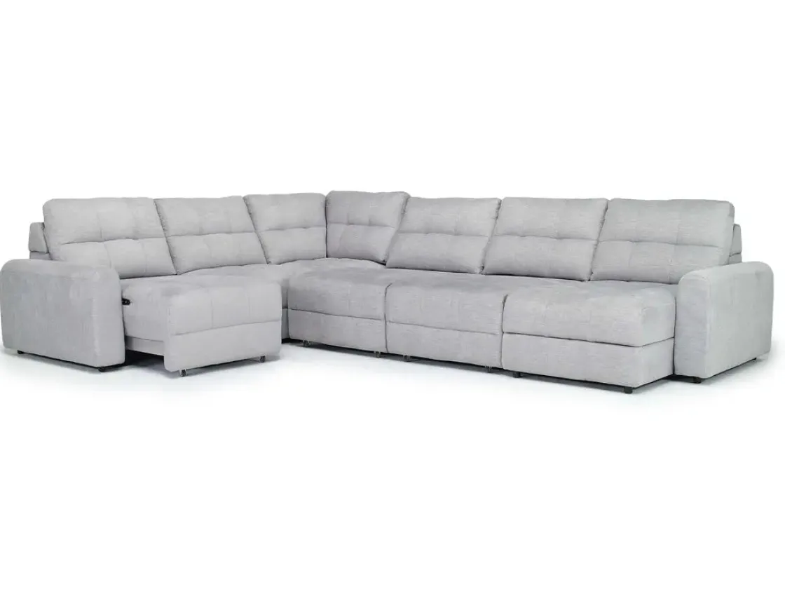 Mor Furniture Bryce 6 Piece Power Sliding Sectional W/ Storage Chaise & Armless Slider In Savannah Coin, Left Facing