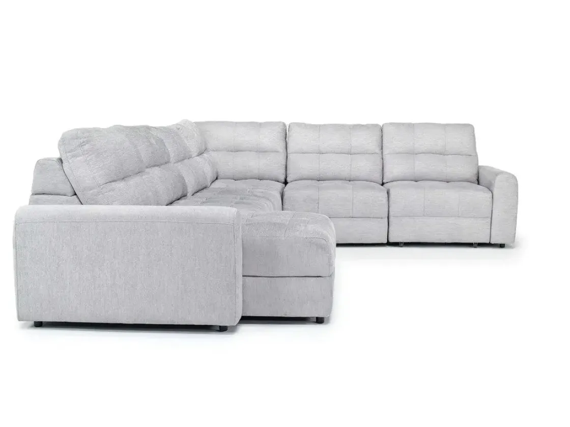 Mor Furniture Bryce 6 Piece Power Sliding Sectional W/ Storage Chaise & Armless Slider In Savannah Coin, Left Facing