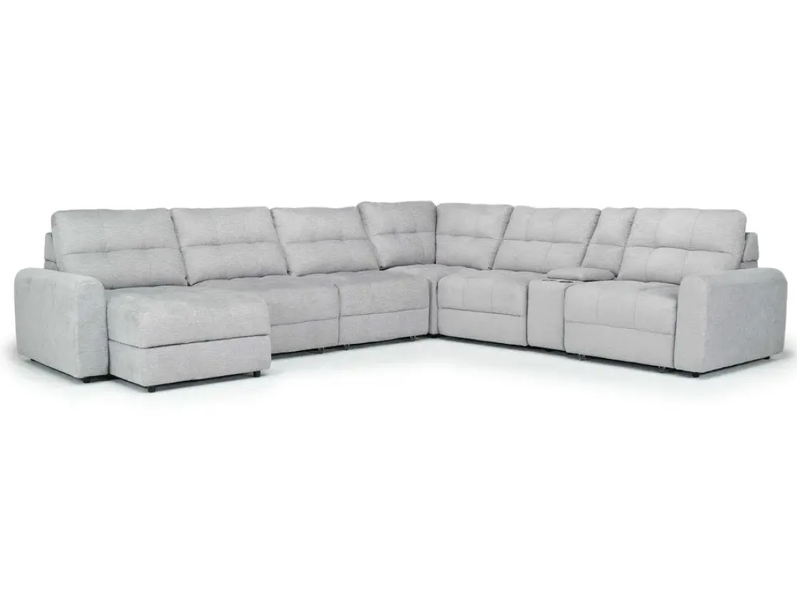 Mor Furniture Bryce 7 Piece Power Sliding Sectional W/ Storage Chaise & Armless Slider In Savannah Coin, Left Facing