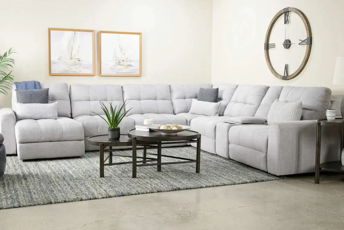 Mor Furniture Bryce 7 Piece Power Sliding Sectional W/ Storage Chaise & Armless Slider In Savannah Coin, Left Facing
