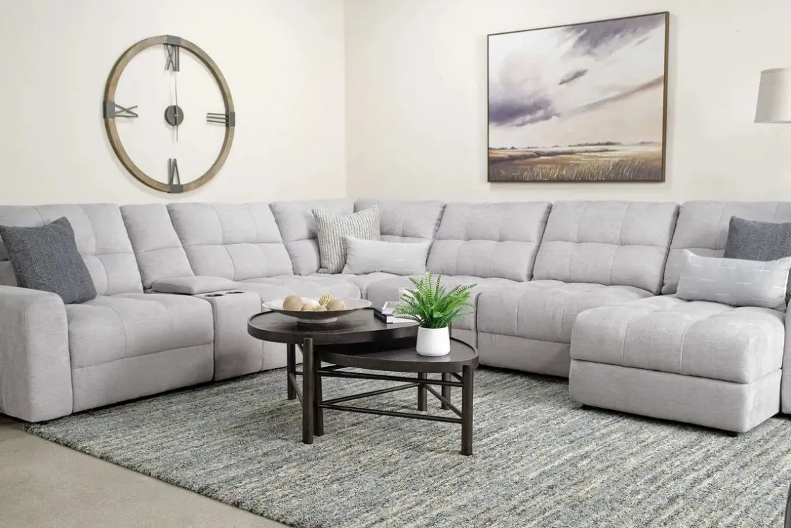 Mor Furniture Bryce 7 Piece Power Sliding Sectional W/ Storage Chaise & Armless Slider In Savannah Coin, Left Facing