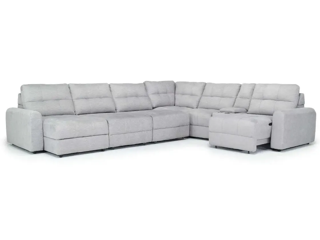 Mor Furniture Bryce 7 Piece Power Sliding Sectional W/ Storage Chaise & Armless Slider In Savannah Coin, Left Facing