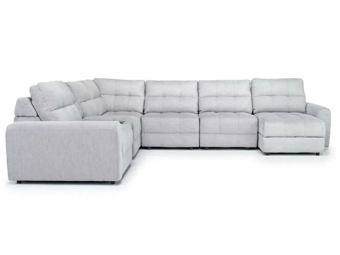 Mor Furniture Bryce 7 Piece Power Sliding Sectional W/ Storage Chaise & Armless Slider In Savannah Coin, Left Facing