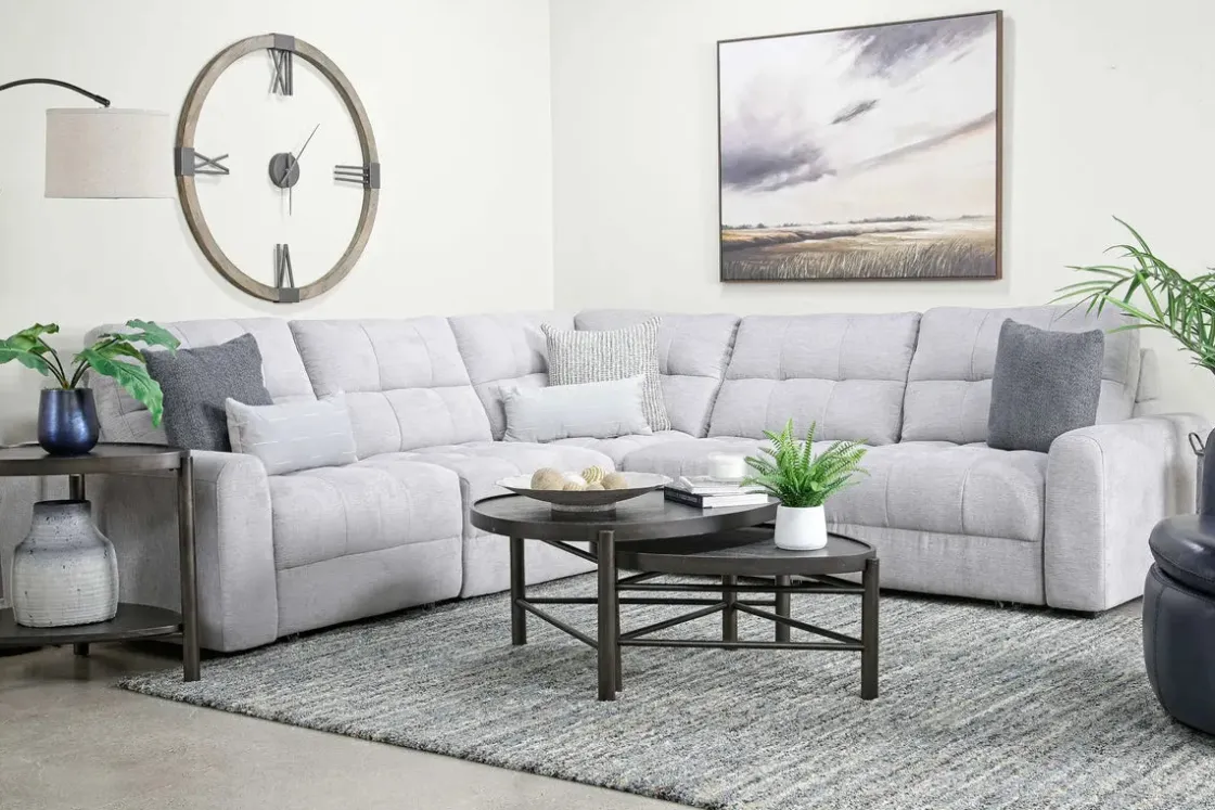 Mor Furniture Bryce 5 Piece Power Sliding Sectional W/ Power Armless Slider In Savannah Coin