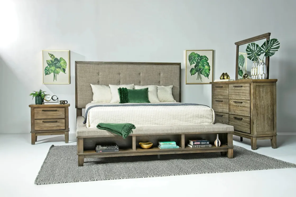 Mor Furniture Cagney Upholstered Panel Bed W/ Storage, Dresser, Mirror & Nightstand In Gray, Queen