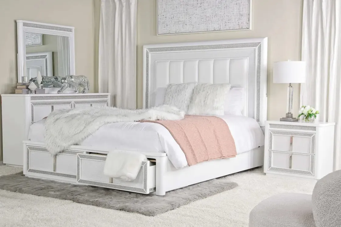 Mor Furniture Chalanna Storage Bed, Dresser, Mirror & Nightstand In White, Queen