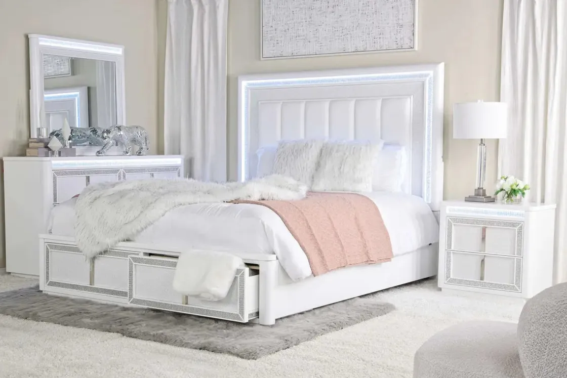 Mor Furniture Chalanna Storage Bed, Dresser, Mirror & Nightstand In White, Queen