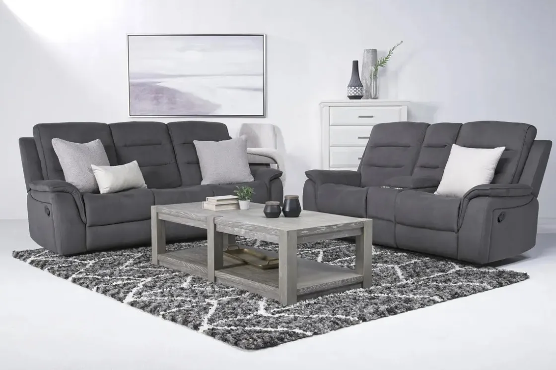 Mor Furniture Chanell Reclining Sofa & Console Loveseat In New Nappa Gray