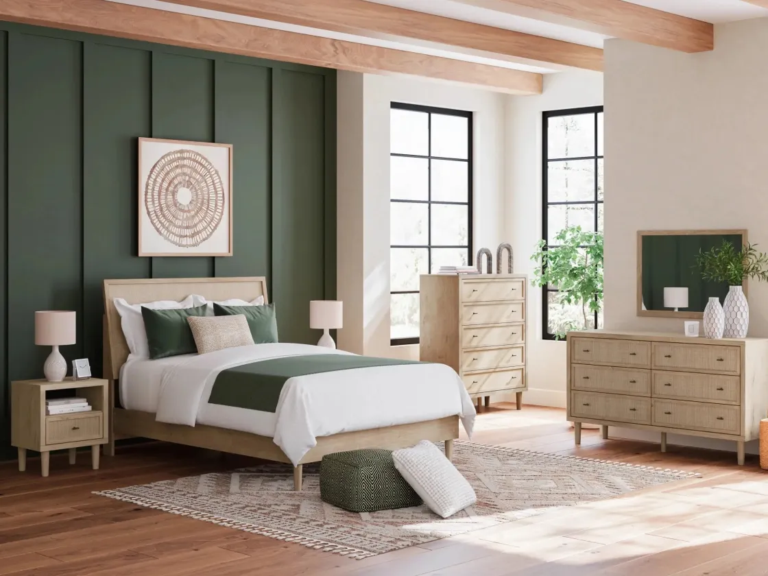 Mor Furniture Cielden Panel Bed, Dresser, Mirror & Nightstand In Tan, Twin