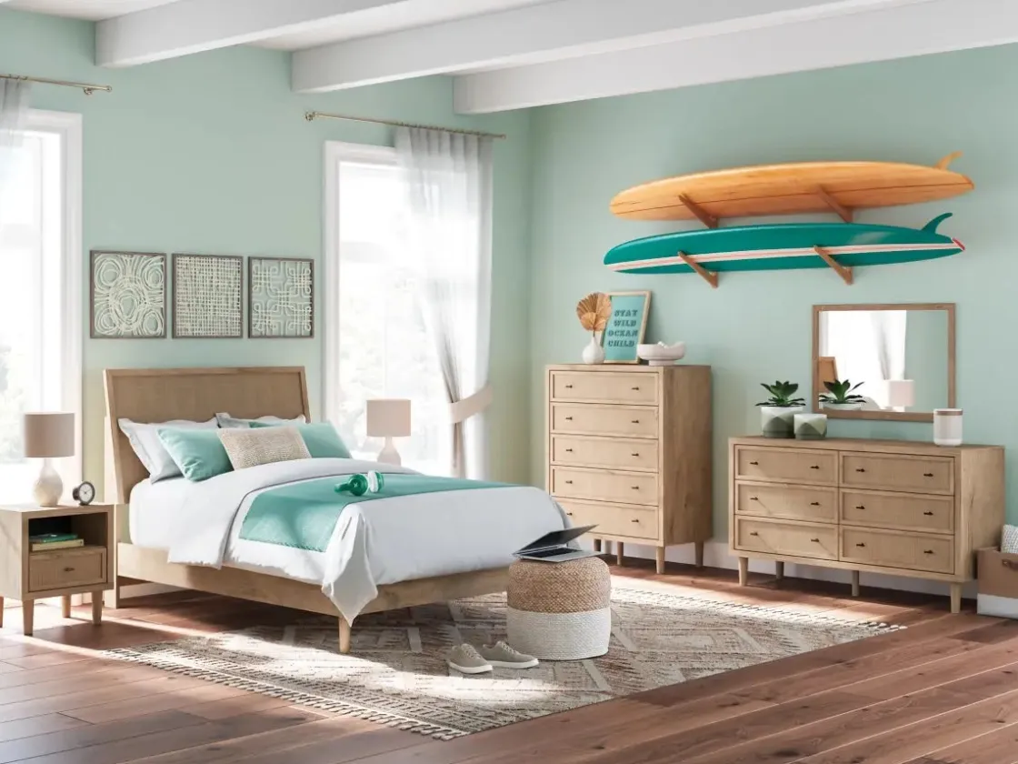 Mor Furniture Cielden Panel Bed, Dresser, Mirror & Nightstand In Tan, Twin