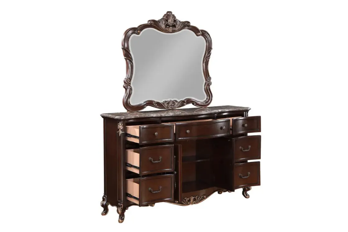 Mor Furniture Constantine Upholstered Bed, Dresser, Mirror & Nightstand In Cherry, Queen