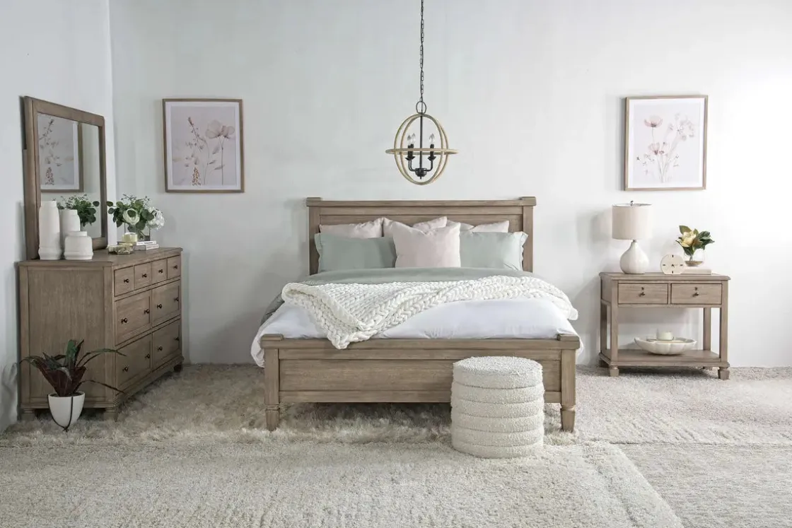 Mor Furniture Country Side Canopy Bed, Dresser, Mirror & 2 Drawer Nightstand In Brown, Queen