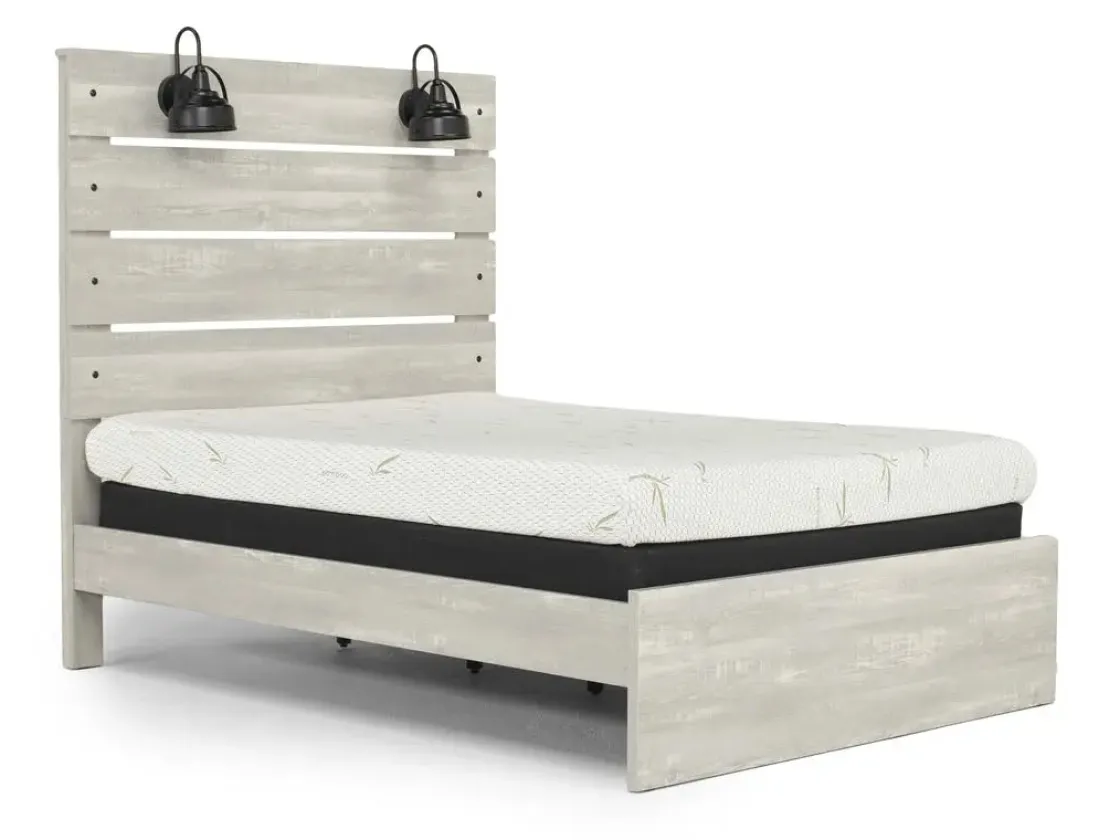 Mor Furniture Dallas Panel Bed W/ Lights, Dresser, Mirror & Nightstand In White Wash, Twin