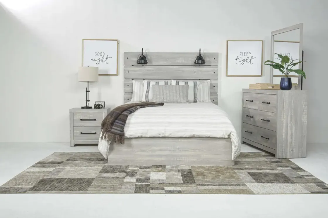 Mor Furniture Dallas Panel Bed W/ Lights, Dresser, Mirror & Nightstand In White Wash, Twin