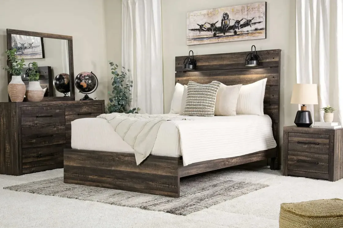 Mor Furniture Dallas Panel Bed W/ Lights, Dresser, Mirror & Nightstand In White Wash, Twin