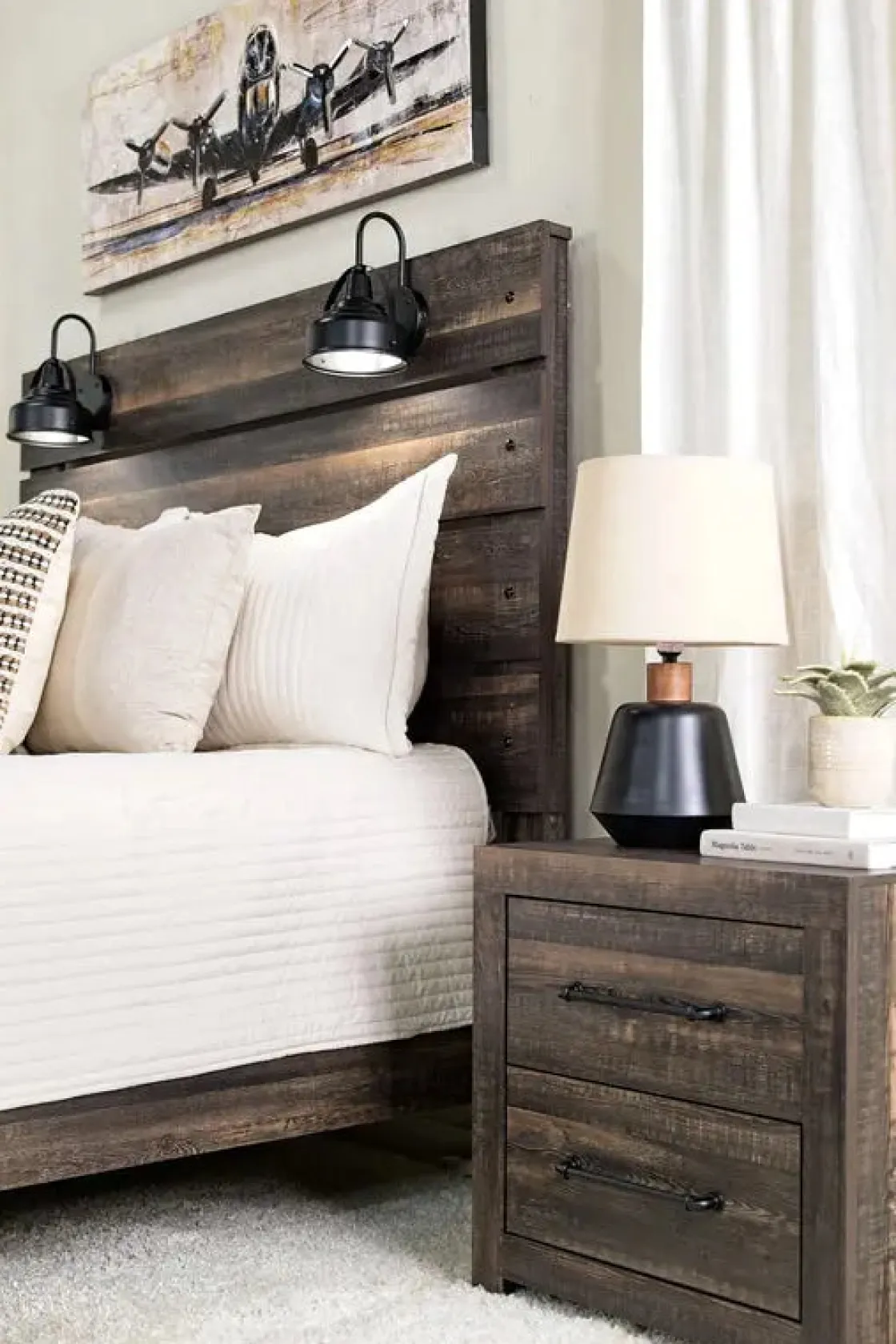 Mor Furniture Dallas Panel Bed W/ Lights, Dresser, Mirror & Nightstand In White Wash, Twin
