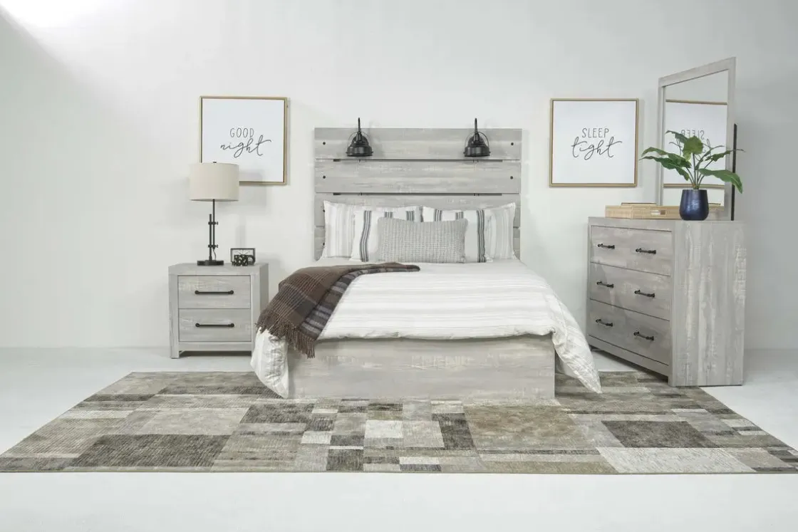 Mor Furniture Dallas Panel Bed W/ Lights, Dresser, Mirror & Nightstand In White Wash, Twin