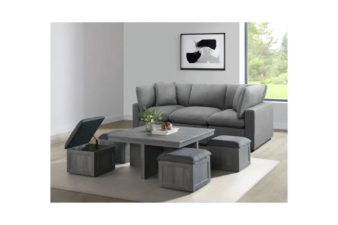 Mor Furniture Dawson Coffee Table W/ 4 Storage Stools In Gray