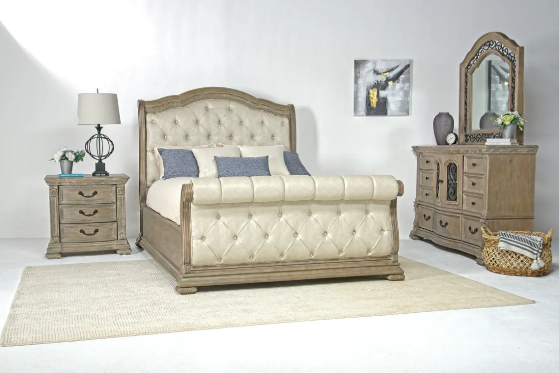Mor Furniture Durango Sleigh Bed, Dresser, Mirror & 3 Drawer Nightstand In Fawn, Queen