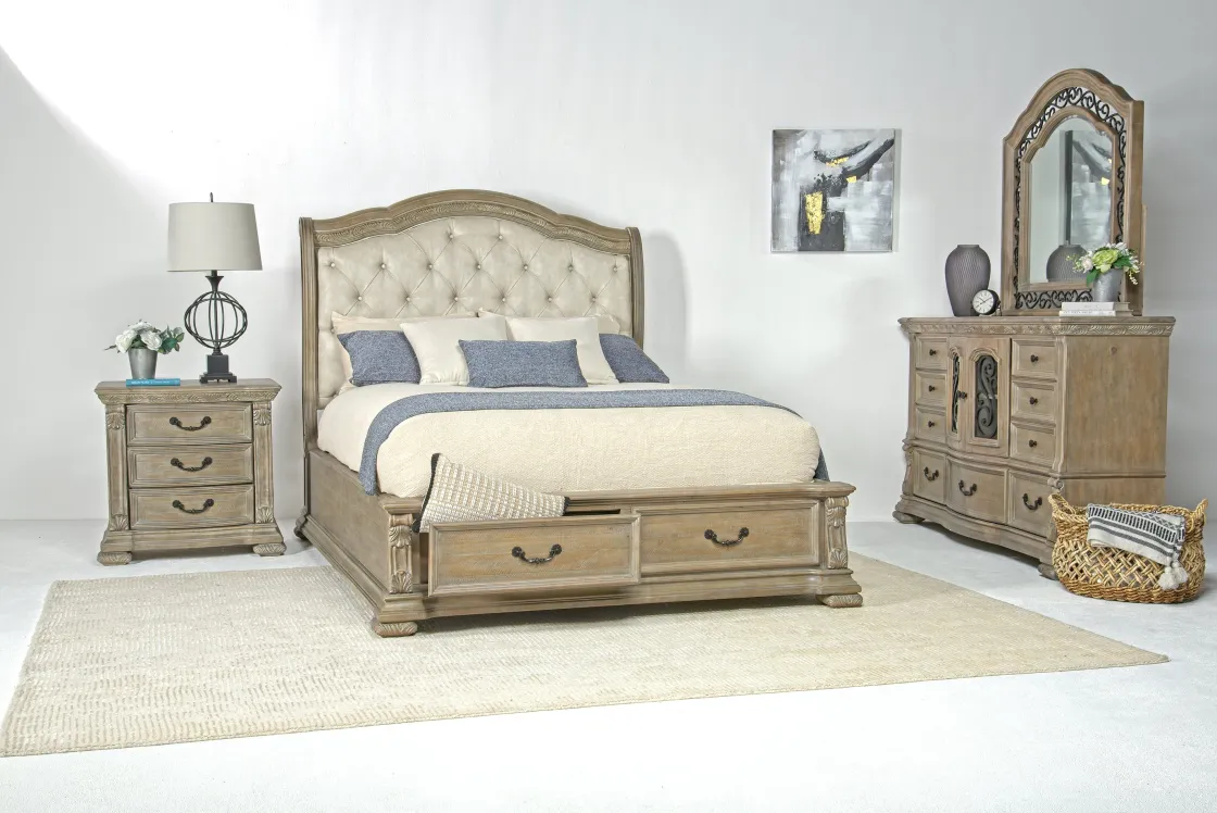 Mor Furniture Durango Sleigh Bed W/ Storage, Dresser, Mirror & 3 Drawer Nightstand In Fawn, Queen