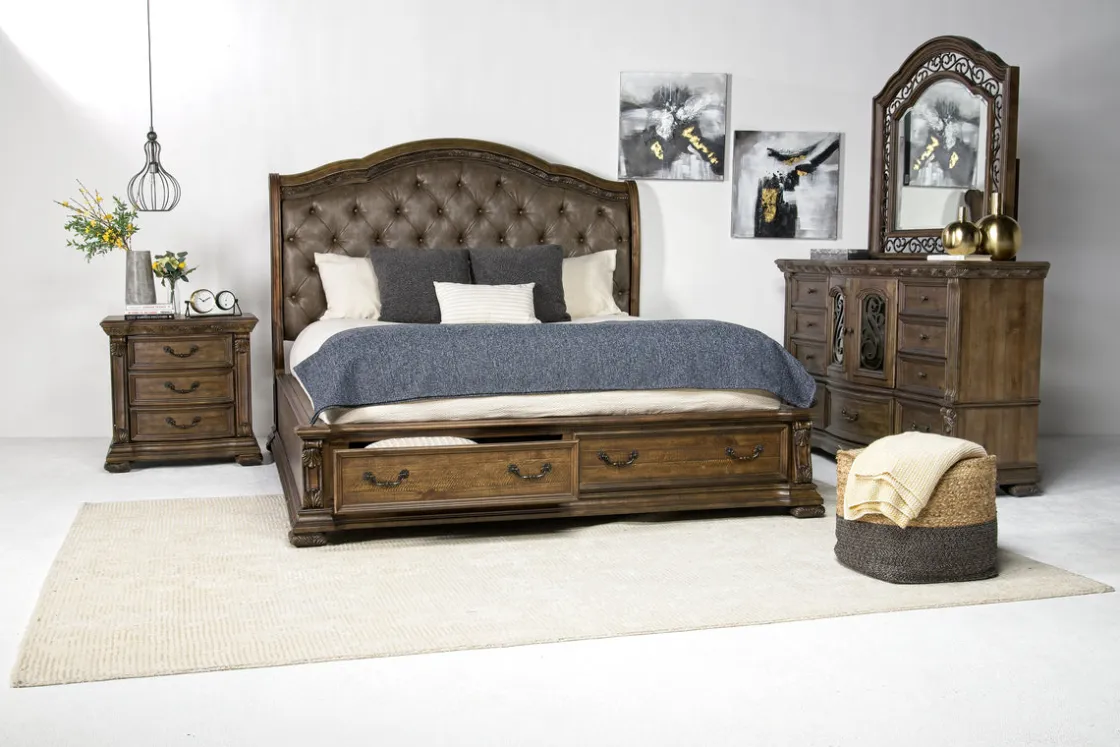 Mor Furniture Durango Sleigh Bed W/ Storage, Dresser, Mirror & 3 Drawer Nightstand In Fawn, Queen
